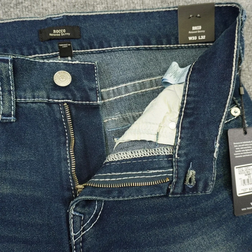 NEW True Religion Rocco Big T Flap Jeans Mens 33x32 Blue Dark Wash Skinny